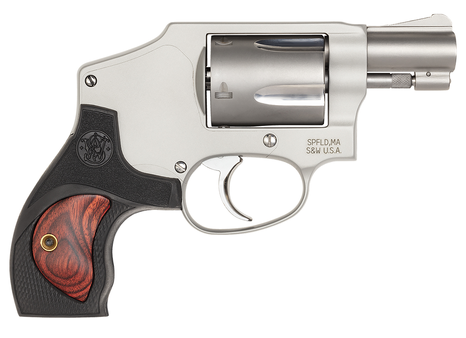 (image for) Smith & Wesson 10186 Model 642 Performance Center 38 S&W Spl +P 5 Shot 1.88" Stainless Steel J-Frame, Polymer With Integrated Wood Insert Grip, Concealed Hammer