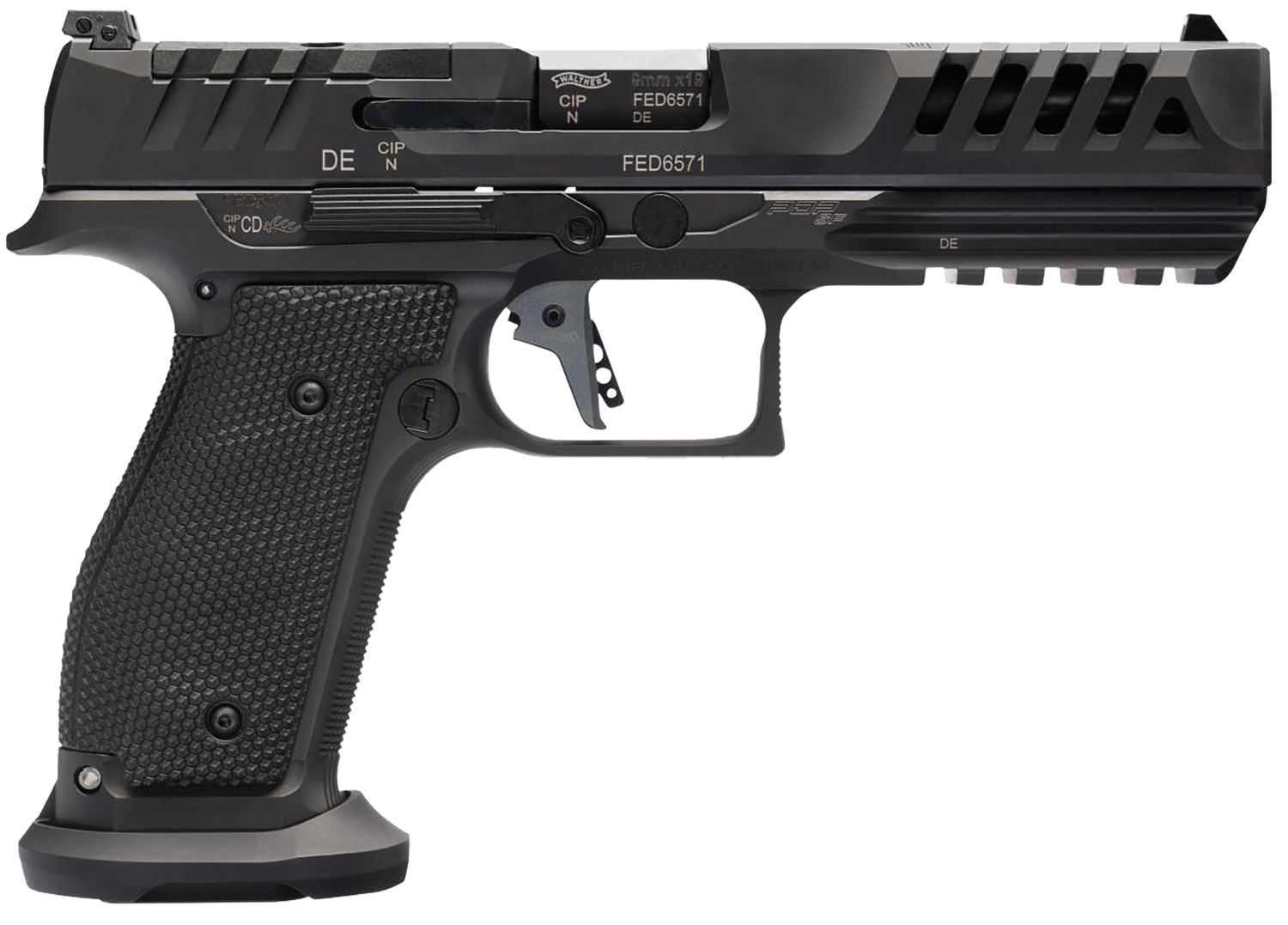 (image for) Walther Arms 2872200 PDP Match Steel Frame Full Size Frame 9mm Luger 18+1/20+1 5" Black Steel Barrel, Matte Black Tenifer Cerakote Optic Cut/Serrated Steel Slide & Frame w/Picatinny Rail, Tex