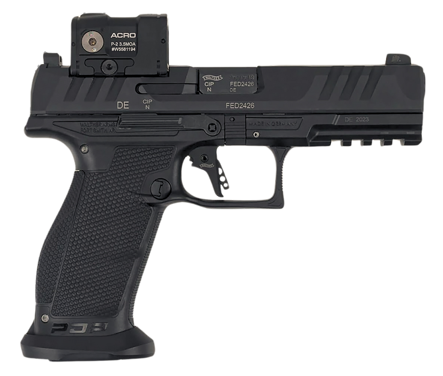 (image for) Walther Arms 2881225PRO PDP w/Optic Full Size Frame 9mm Luger 18+1 4.50" Polygonal Rifling Barrel Black Optic Ready/Serrated Steel Slide Black Polymer Frame w/Picatinny Rail, Aimpoint Acro Re