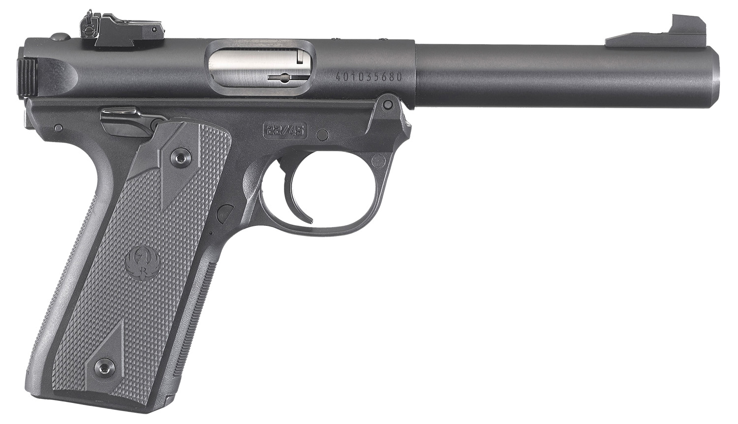 (image for) Ruger Mark IV 22/45 22 LR 10+1, 5.50" Stainless Bull Barrel, Blued Drilled & Tapped Steel Receiver & Polymer Frame, Black Checkered Polymer Grip Ambidextrous