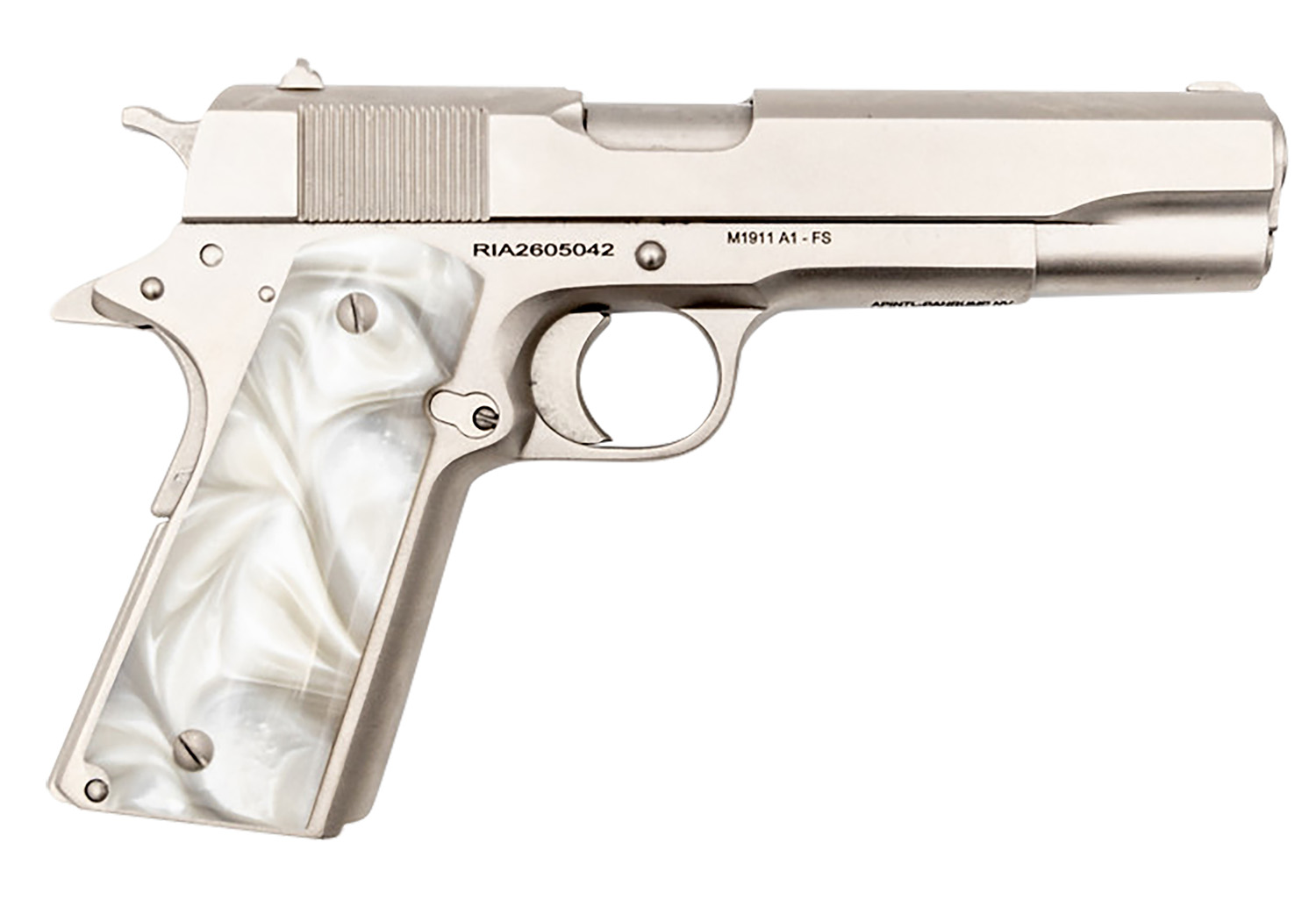 (image for) Rock Island 56418 GI Standard FS *CA Compliant 45 ACP Caliber with 5" Barrel, 8+1 Capacity, Overall Matte Nickel Finish Steel, Beavertail Frame, Serrated Slide & Mother of Pearl Grip