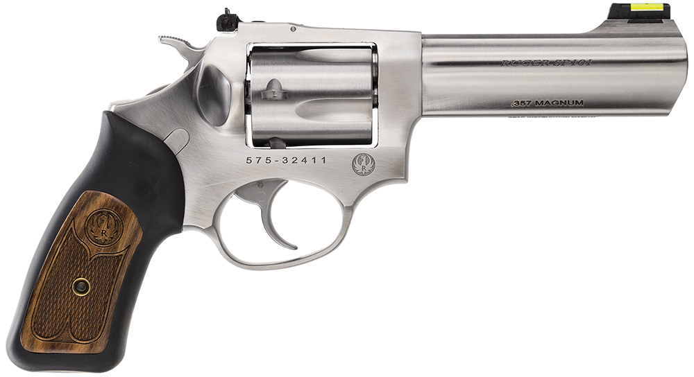 (image for) Ruger 5771 SP101 357 Mag 5rd 4.20" Satin Stainless Steel Barrel, Cylinder & Frame, Black Rubber w/Wood Insert Grip, Transfer Bar Safety, Exposed Hammer