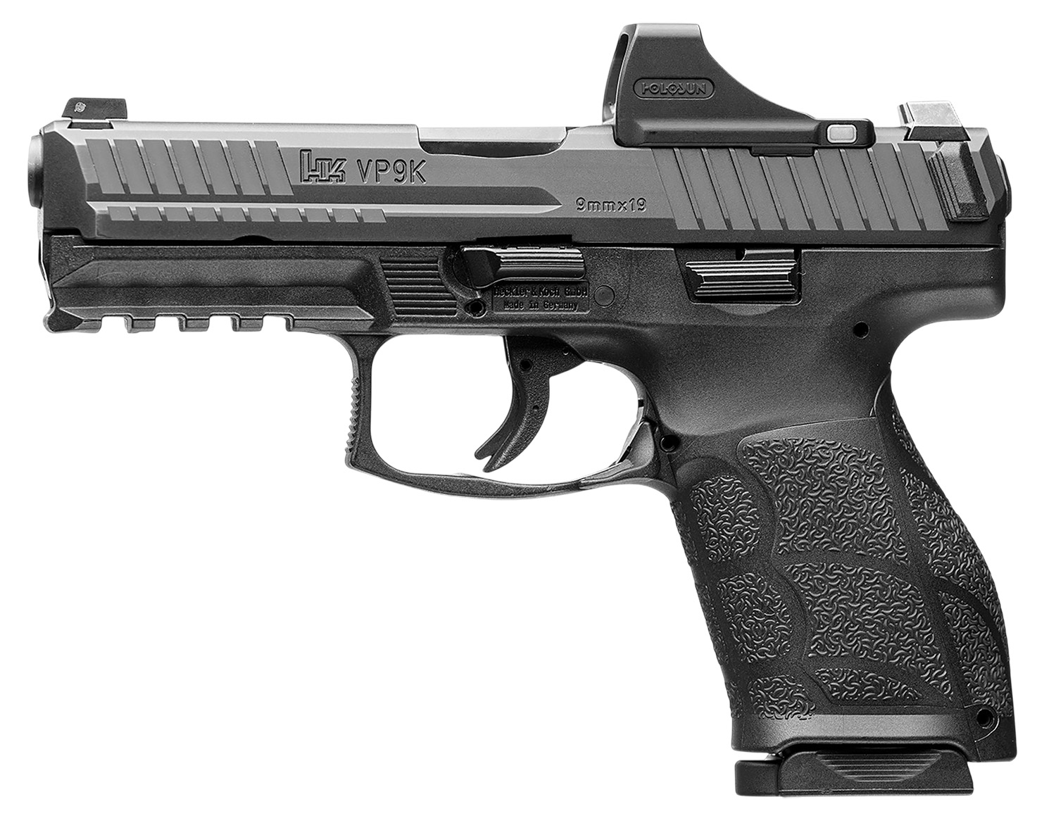 (image for) HK 81001162 VP9A1 K w/Optic *CA Compact 9mm 10+1 4.09" Black Steel Serrated w/Optic Slide, Black Polymer Frame w/Picatinny Rail, Interchangeable Backstrap Grip, Holosun SCS Super Green, Ambi