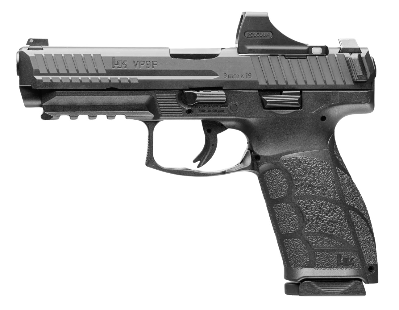 (image for) HK 81001496 VP9 A1 w/Optic Full Size 9mm 10+1 4.53" Black Steel Polygonal Rifled Barrel & Serrated w/Optic, Polymer Frame w/Rail, Interchangeable Backstrap, Holosun SCS Super Green, Ambi