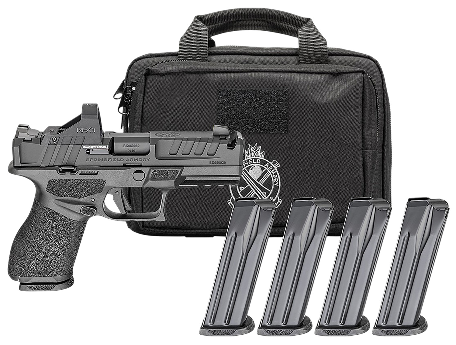 (image for) Springfield Armory EC9409BCACOMPPAC Echelon Comp Gear Pac *CA 9mm 10+1 4" Black Melonite Ported Barrel Integrated Comp/OR/Serrated Slide, Black Frame w/Rail, Textured Grip, Viridian RFX-11