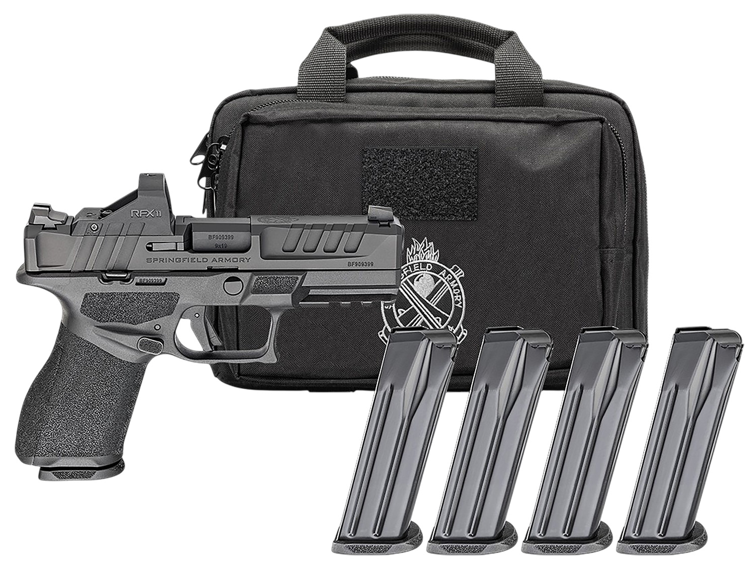 (image for) Springfield Armory EC9409BCAPAC Echelon Gear Pac *CA Compact 9mm 10+1 4" Black Melonite Barrel & Steel OR/Serrated Slide, Black Frame w/Rail, Textured Grip, Viridian RFX-11 Dot, Ambi