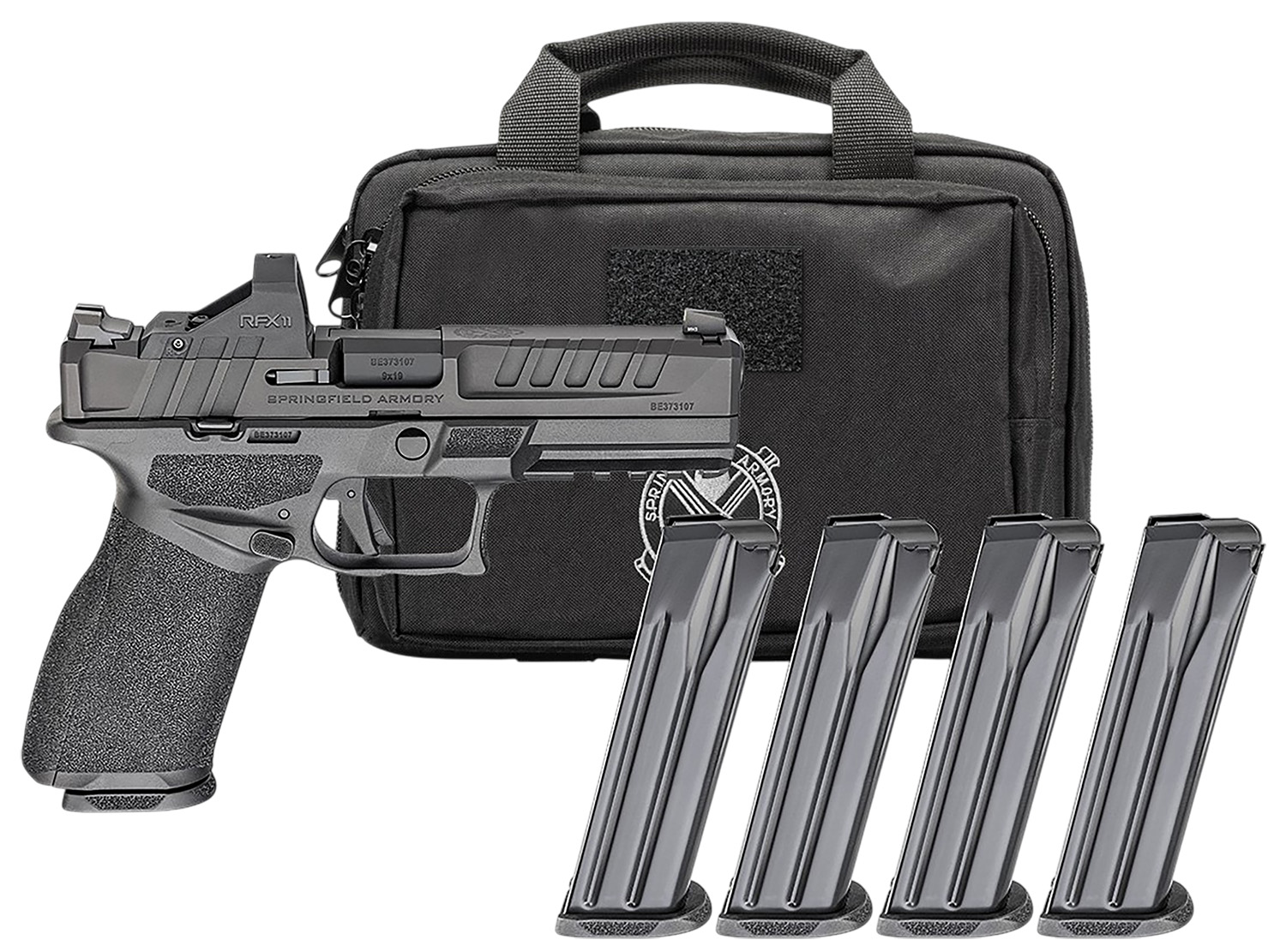 (image for) Springfield Armory EC9459BCAPAC Echelon Gear Pac *CA 9mm 10+1 4.5" Black Melonite Barrel & Steel Optic Ready/Serrated Slide, Black Polymer Frame w/Picatinny Rail, Viridian RFX-11 Dot