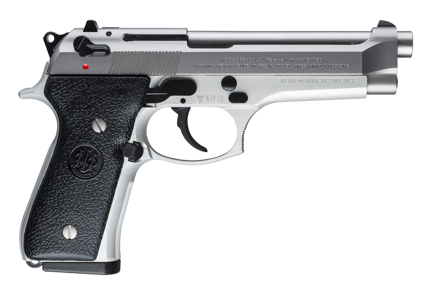 (image for) Beretta USA JS92F520 92FS Inox 9mm Luger 10+1 4.90" Stainless Chrome Lined Barrel, Satin Stainless Serrated Slide, Gray Anodized Aluminum Frame w/Beavertail, Black Stippled Italian Made - Click Image to Close