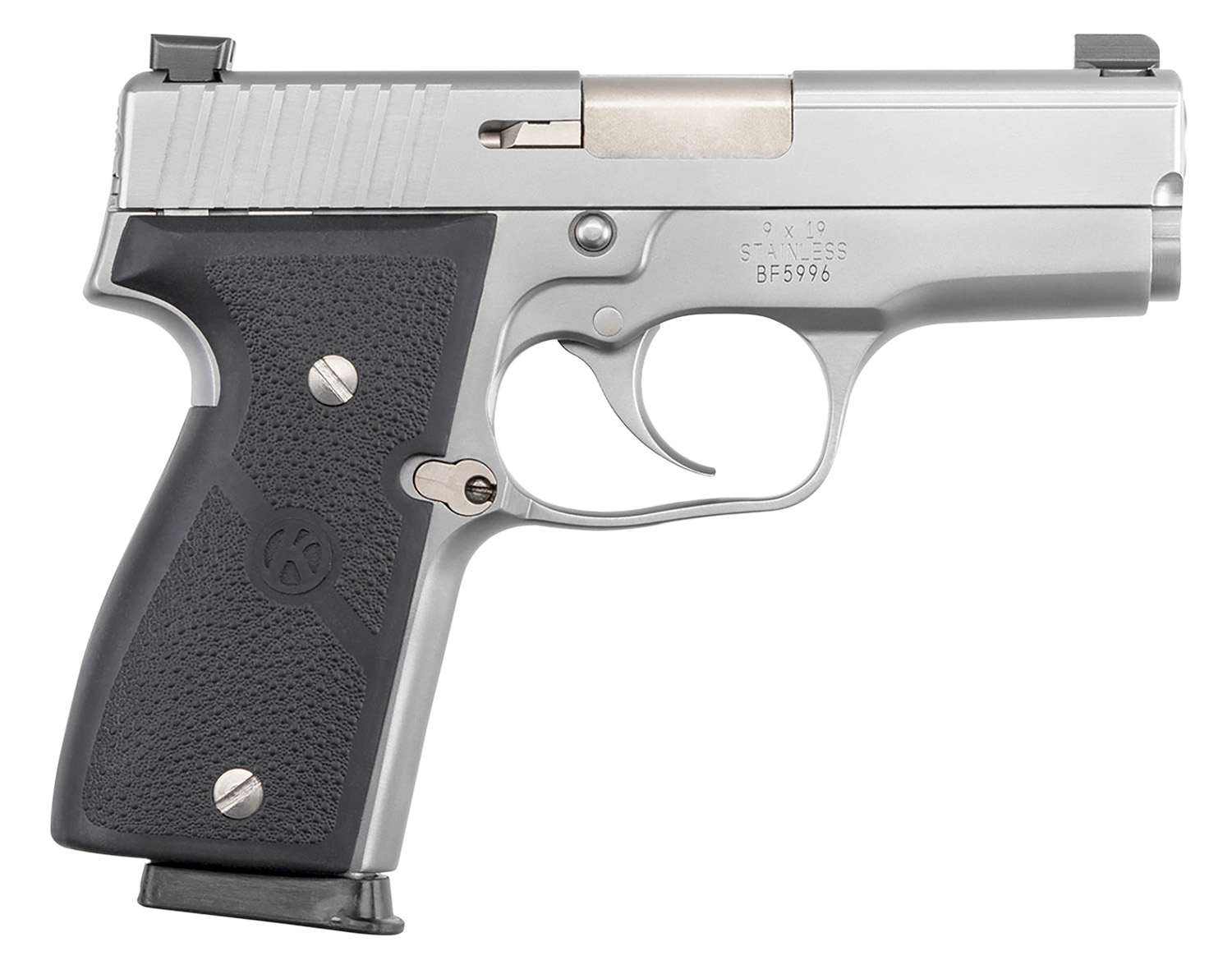 (image for) Kahr Arms K9093NA K9 9mm Luger 7+1/8+1 3.47" Stainless Polygonal Rifled Barrel, Matte Serrated SS Slide, Matte SS Frame, Black Textured Wraparound Polymer Grip, Night Sights, Right Hand