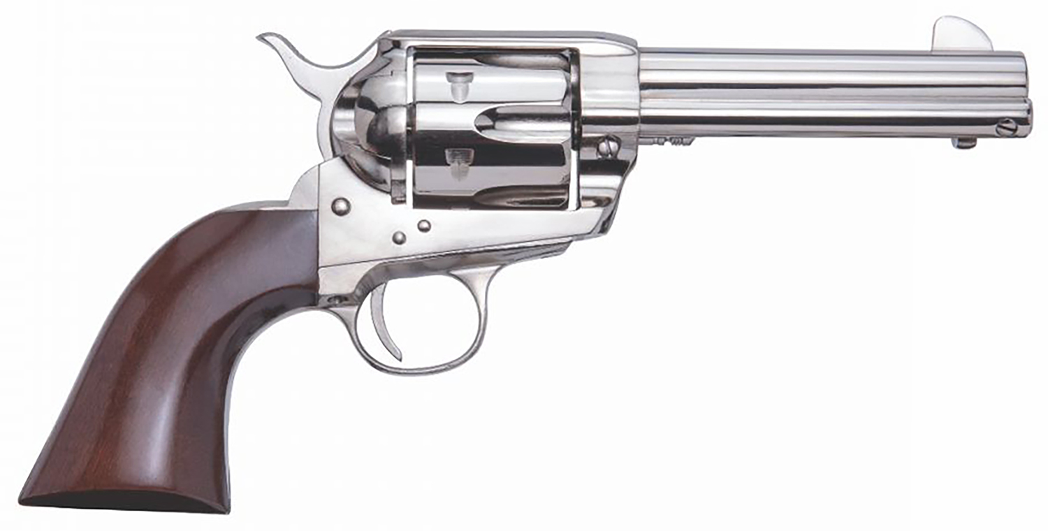 (image for) Cimarron PPP45N Pistolero 45 Colt (LC) 6 Shot, 4.75" Nickel-Plated Steel Barrel, Cylinder & Frame, Wide Front Sight, Smooth Walnut Grip