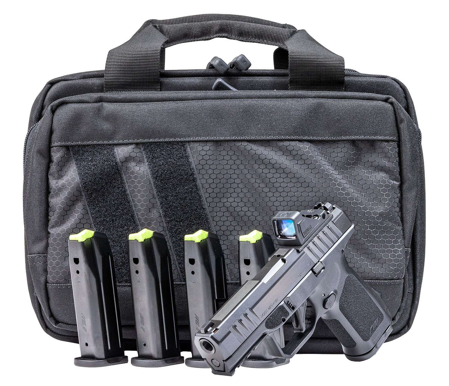 (image for) Rost Martin RM1CBLKOSP10CA RM1C Bundle Compact 9mm 10+1 4" Black Tenifer Steel Optic Ready/Serrated Slide, Viridian RFX-11 Green Dot, 5 Mags, Ambi