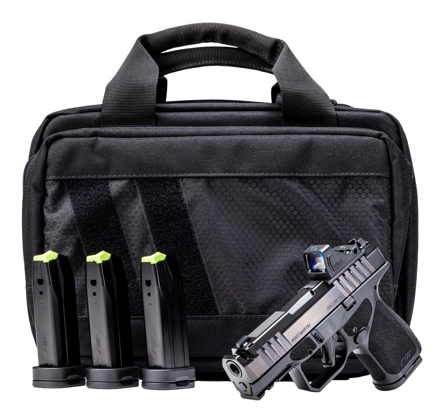 (image for) Rost Martin RM1SBLKOSP10CA(COMP)-P RM1S Comp Bundle *CA 9mm 10+1 3.6" Compensated Barrel, Black Nitron Steel Serrated w/Optic, Black Polymer w/Rail, Textured Grip, Viridian RFX-11 Green Dot